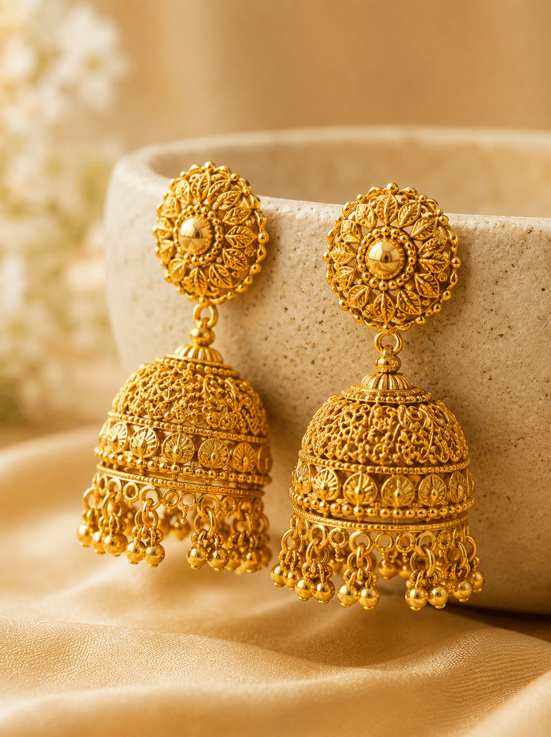 Traditional gold jhumka earrings with antique finish