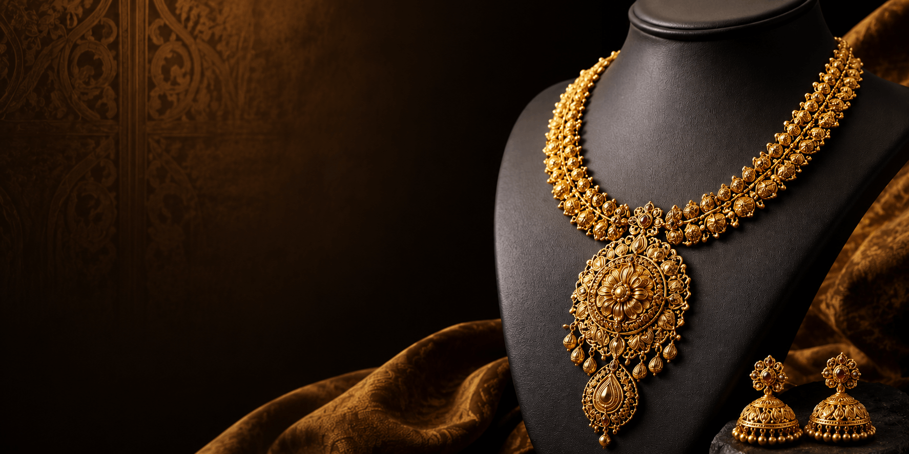 Luxury gold jewellery collection — elegant necklace with diamonds on dark background
